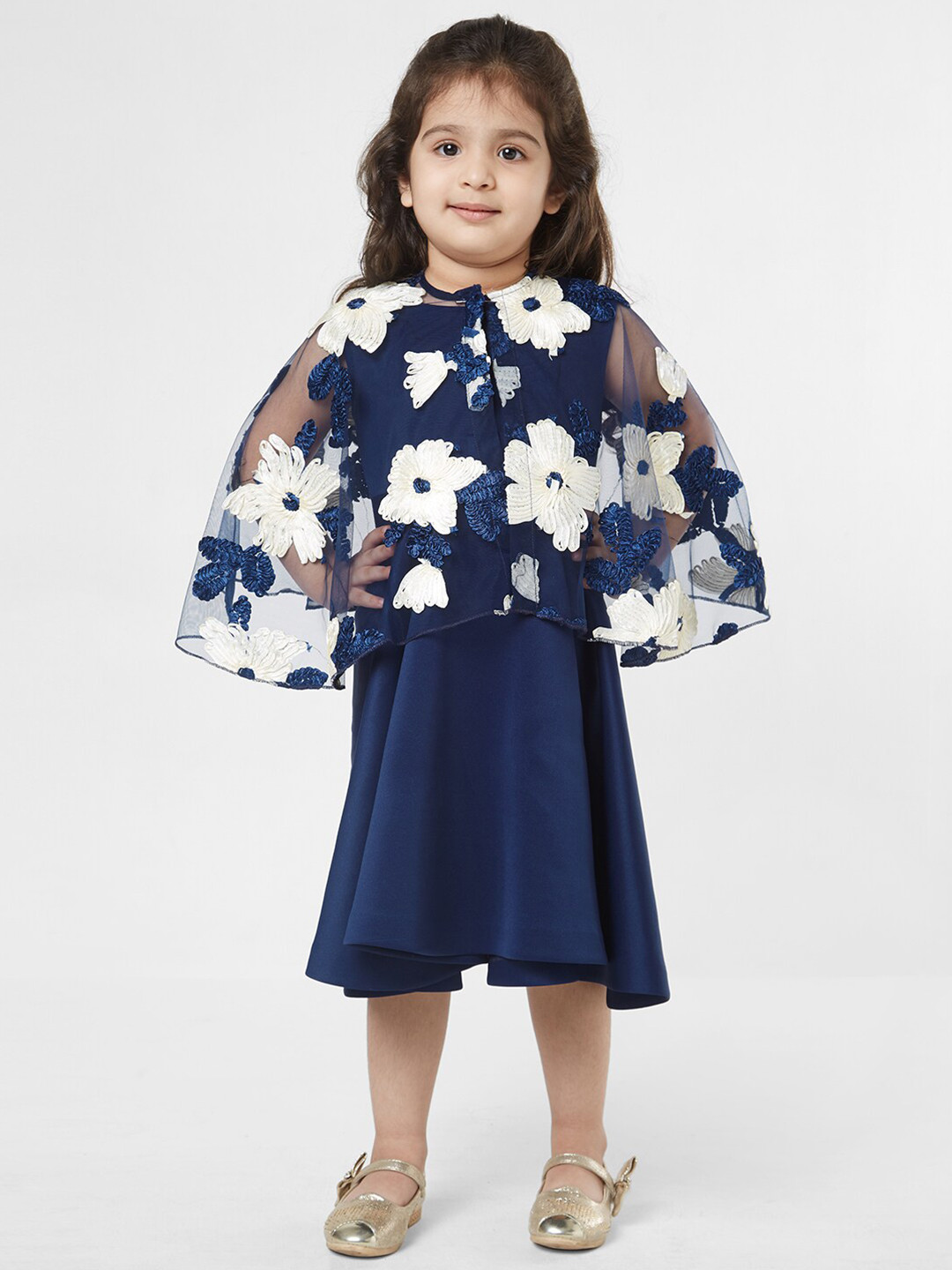 TIC TAC TOE Navy Blue & White Floral A-Line Midi Dress