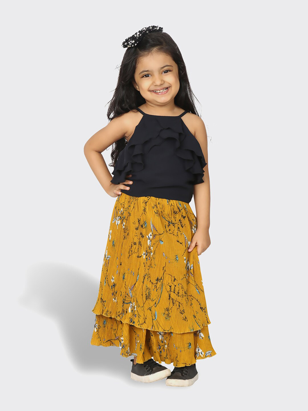 TIC TAC TOE Girls Mustard & Navy Blue Solid Ruffle Top With Skirt