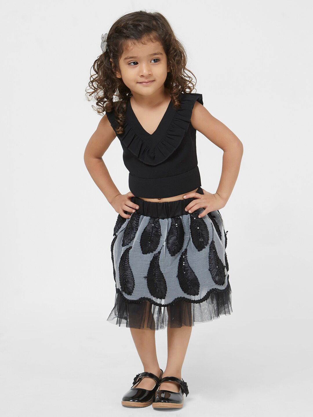TIC TAC TOE Girls Black & Grey Embellished Top with Skirt
