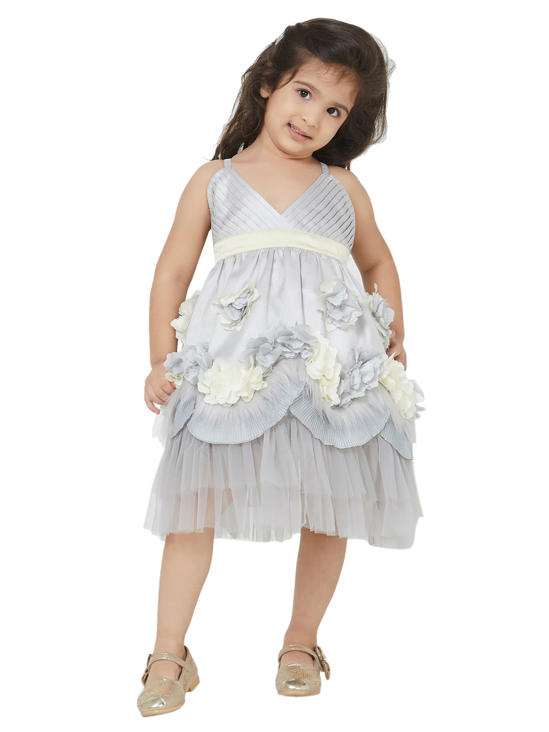 TIC TAC TOE Girls Grey Self Design Shoulder Straps Empire Dress