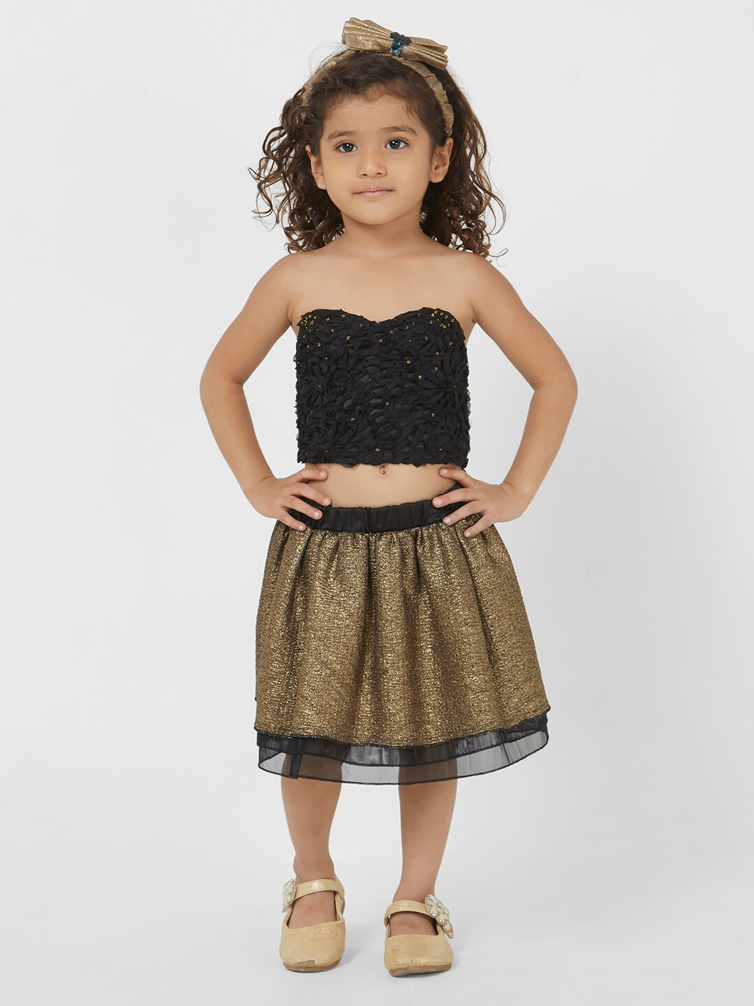 TIC TAC TOE Girls Black & Gold-Coloured Embellished Crop Top with Shimmer Skirt