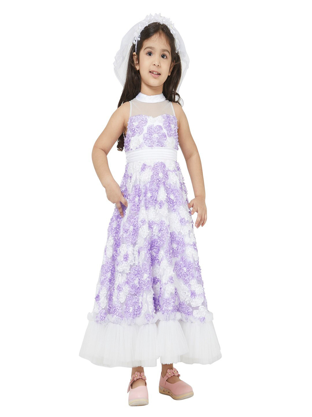 TIC TAC TOE Girls White & Lavender Floral High Neck Maxi Dress