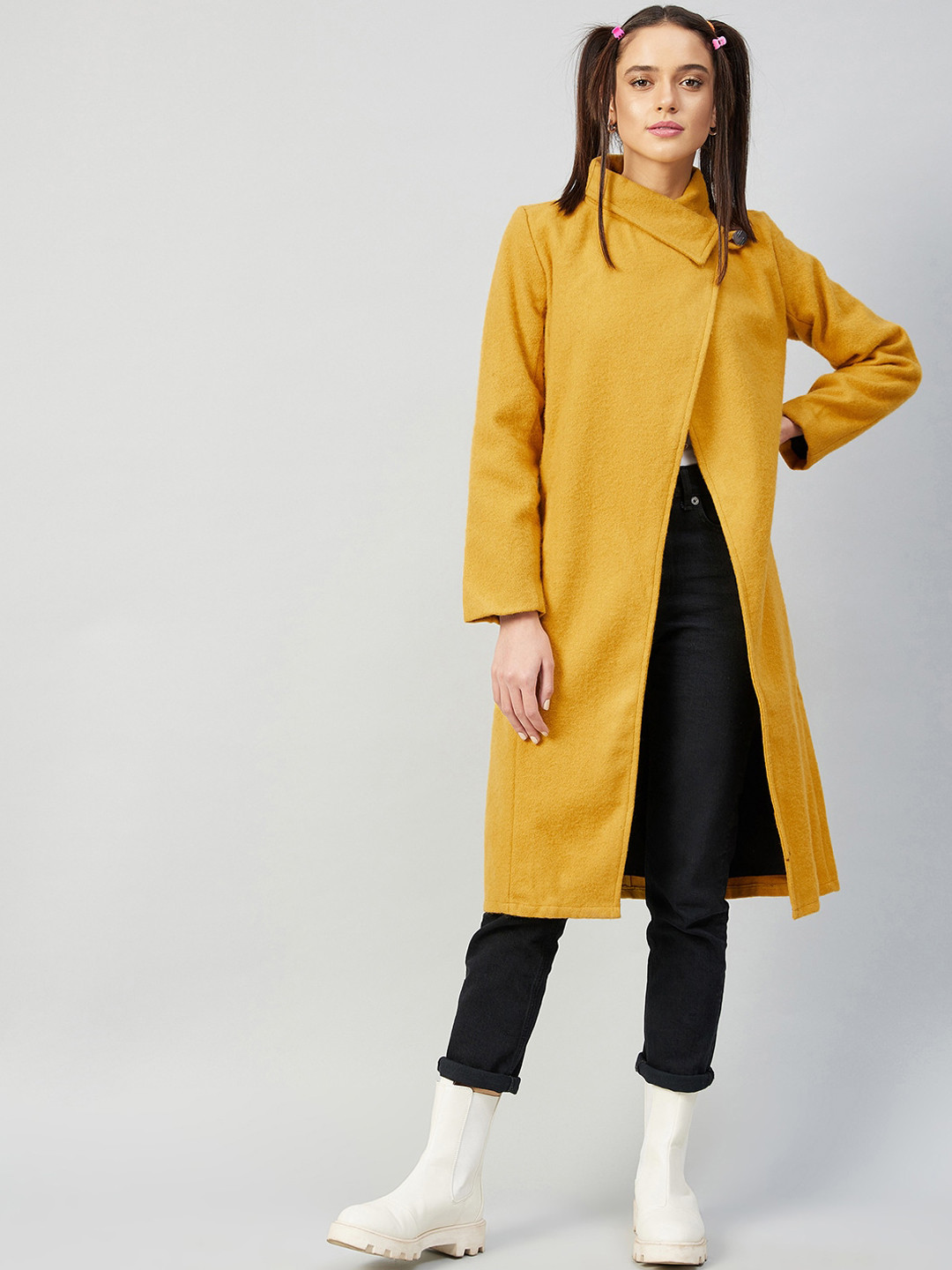 Athena Women Mustard Yellow Solid Woolen Pea Coat