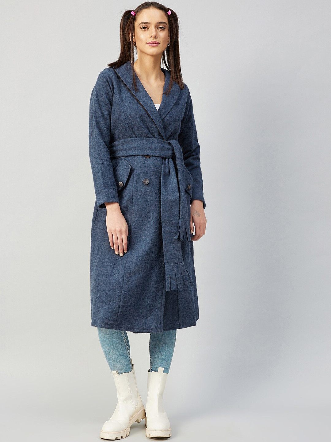 Athena Women Blue Solid Woolen Longline Wrap Coat