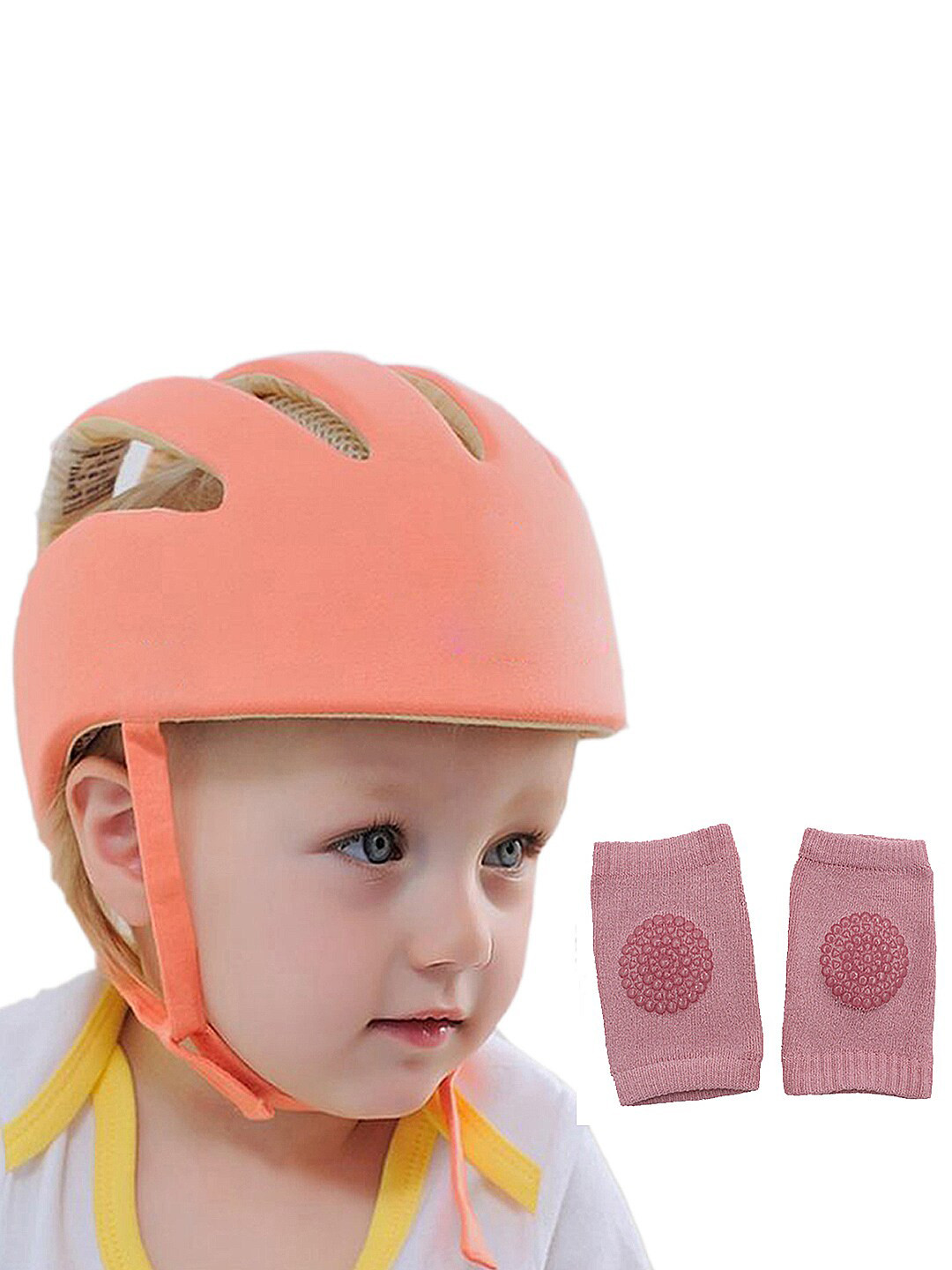 DearJoy Kids Orange Solid Safety Helmet With Corner Guard & Kneepads