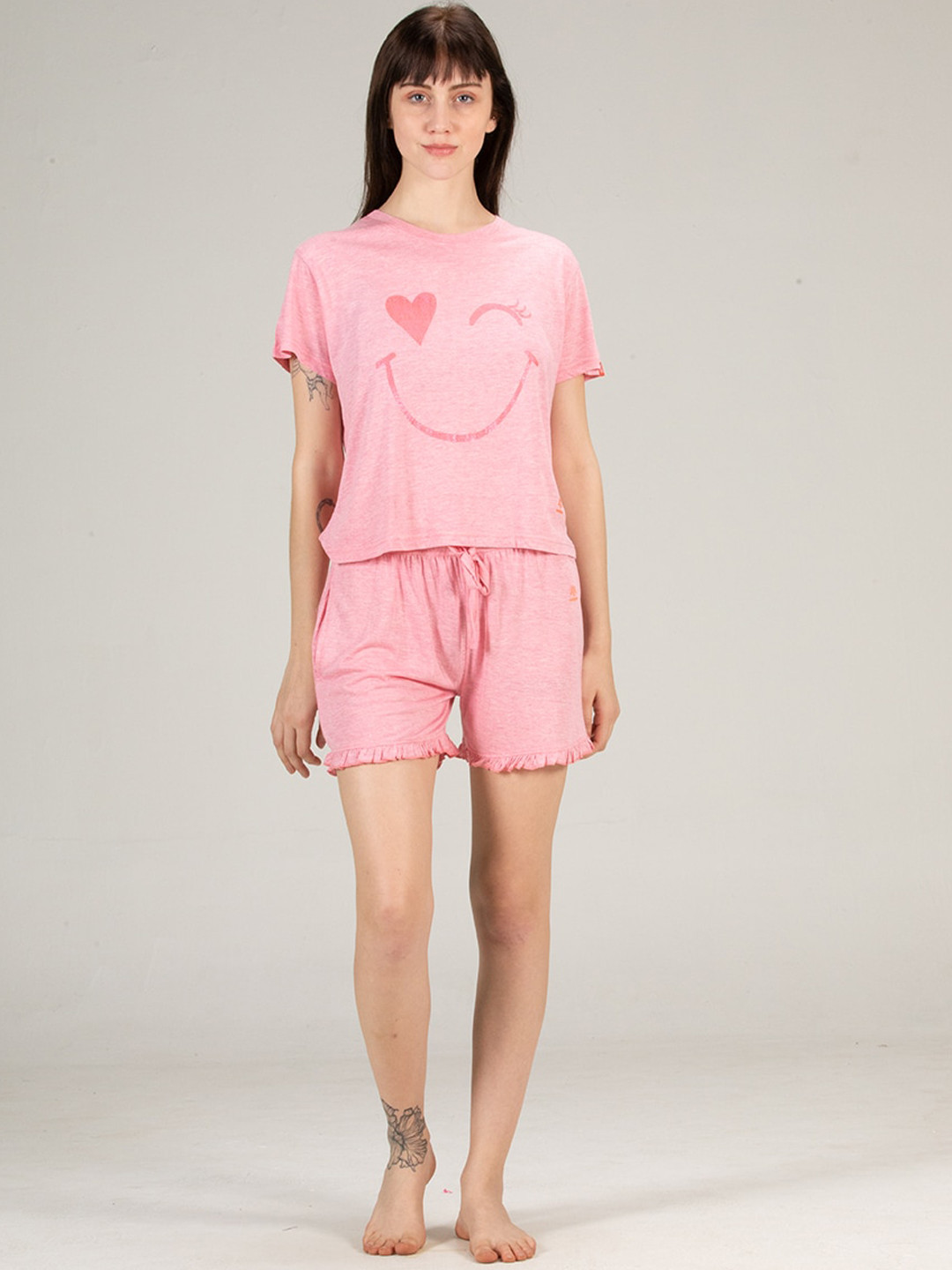 evolove Women Red & Pink Printed Night suit