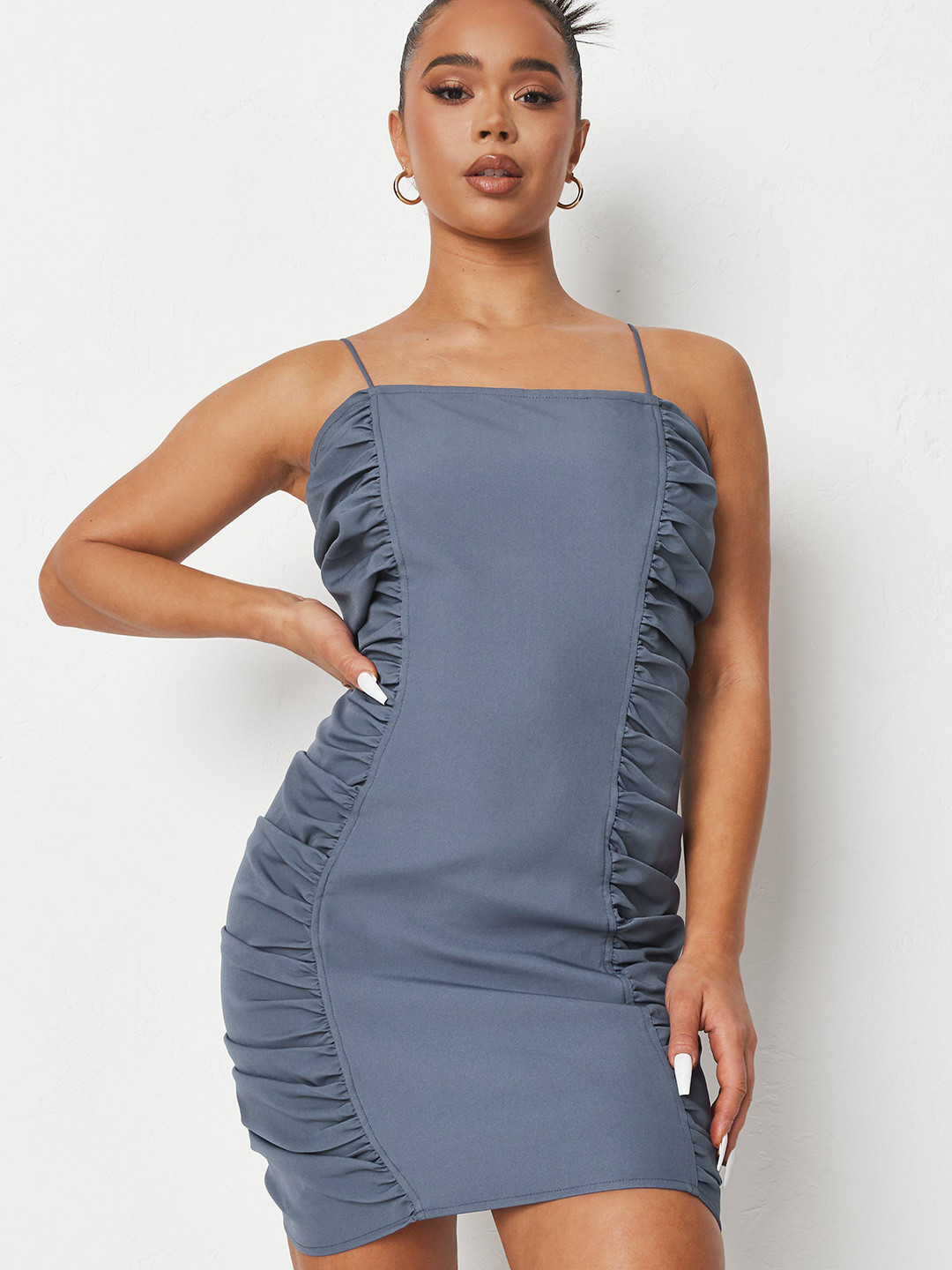 Missguided Women Navy Blue Solid Ruched Sheath Dress