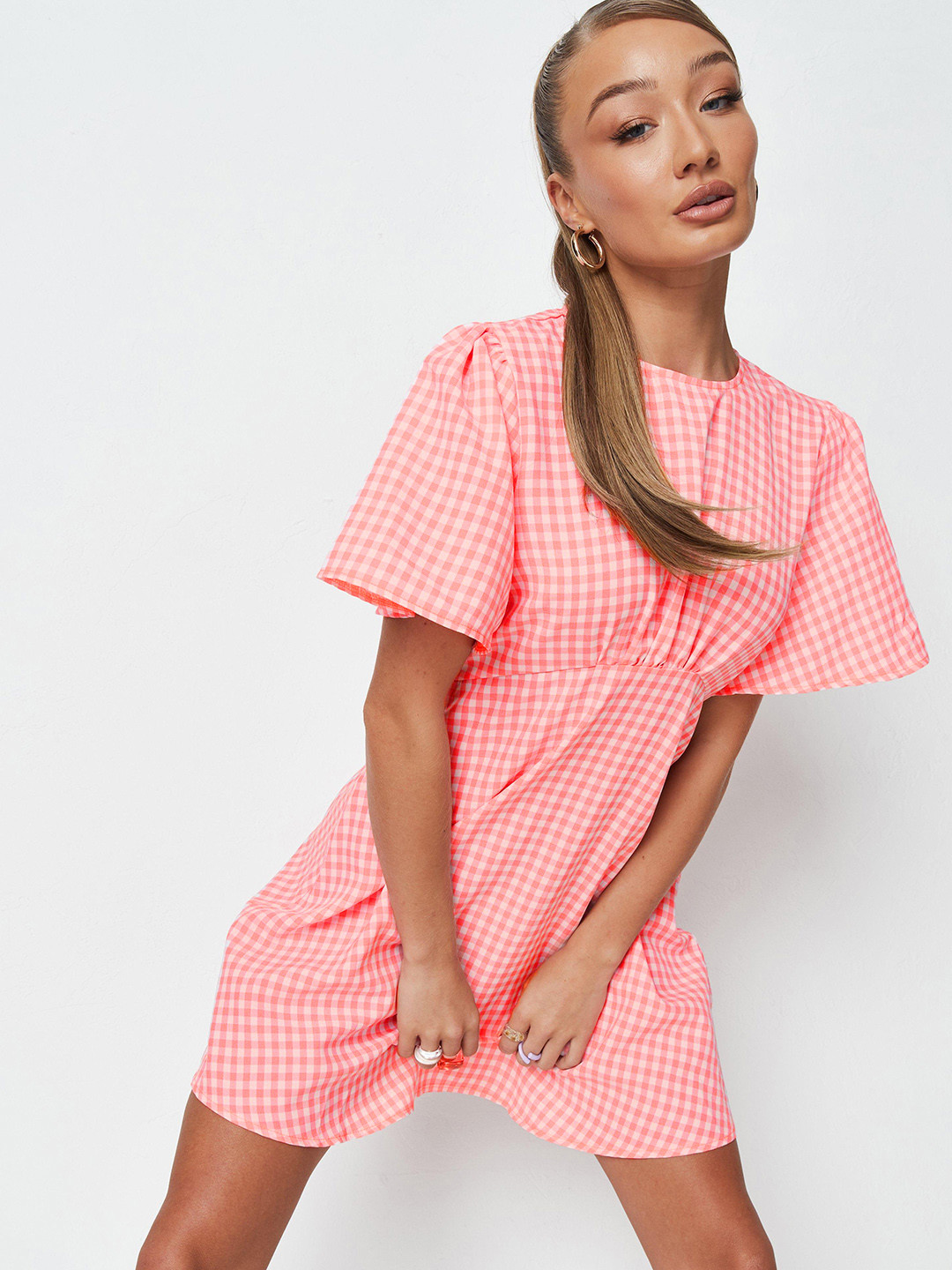 Missguided Women Fluorescent Pink & White Checked A-Line Dress