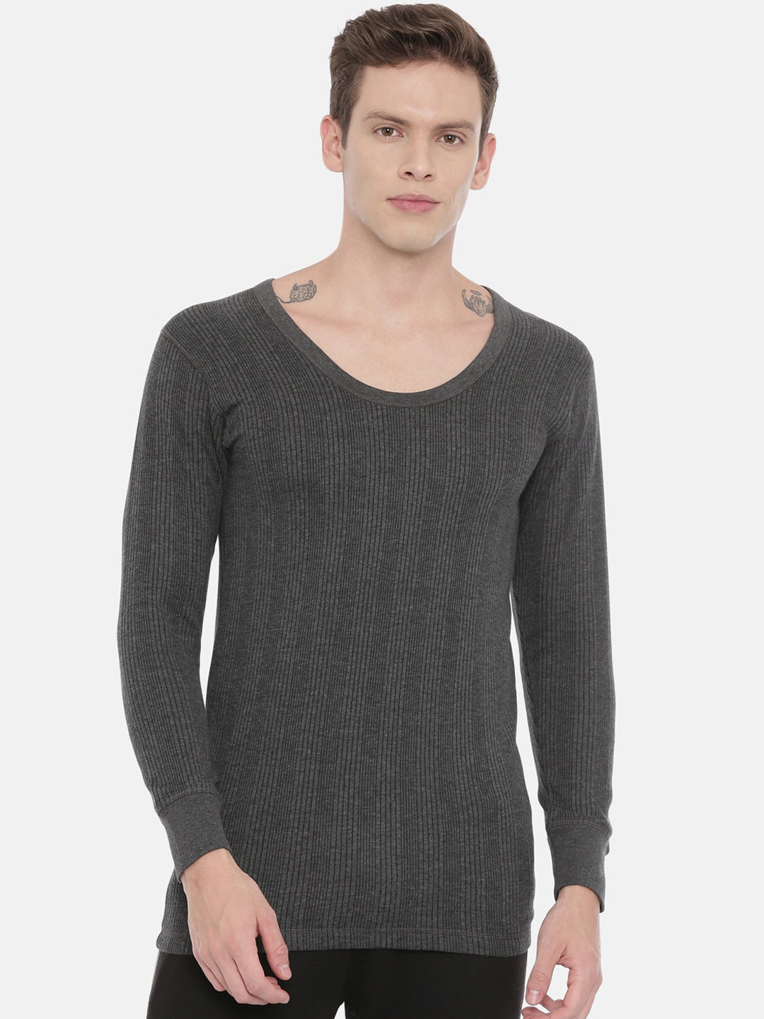 3PIN Men Grey Striped Thermal Top