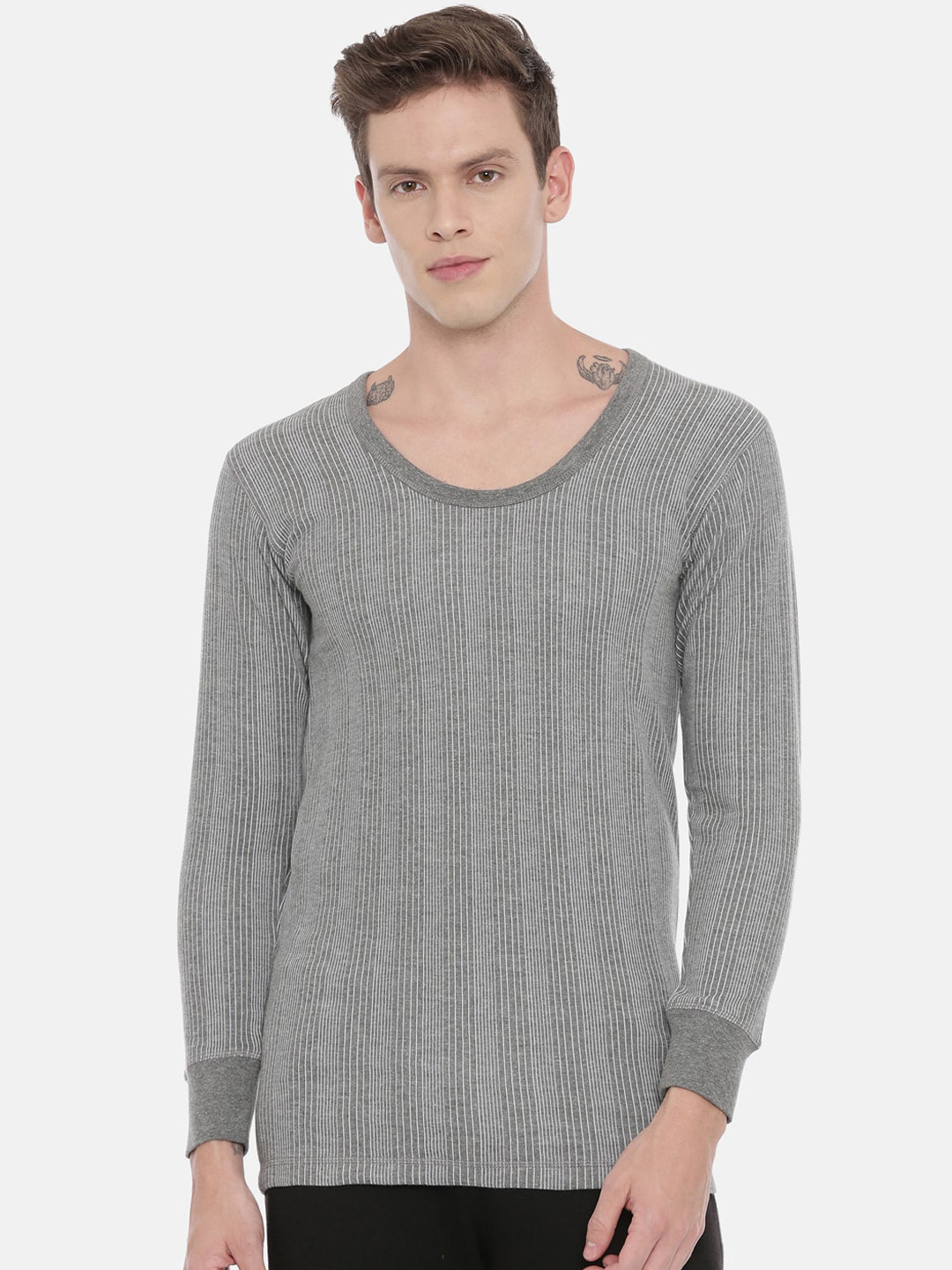 3PIN Men Grey Striped Thermal Top