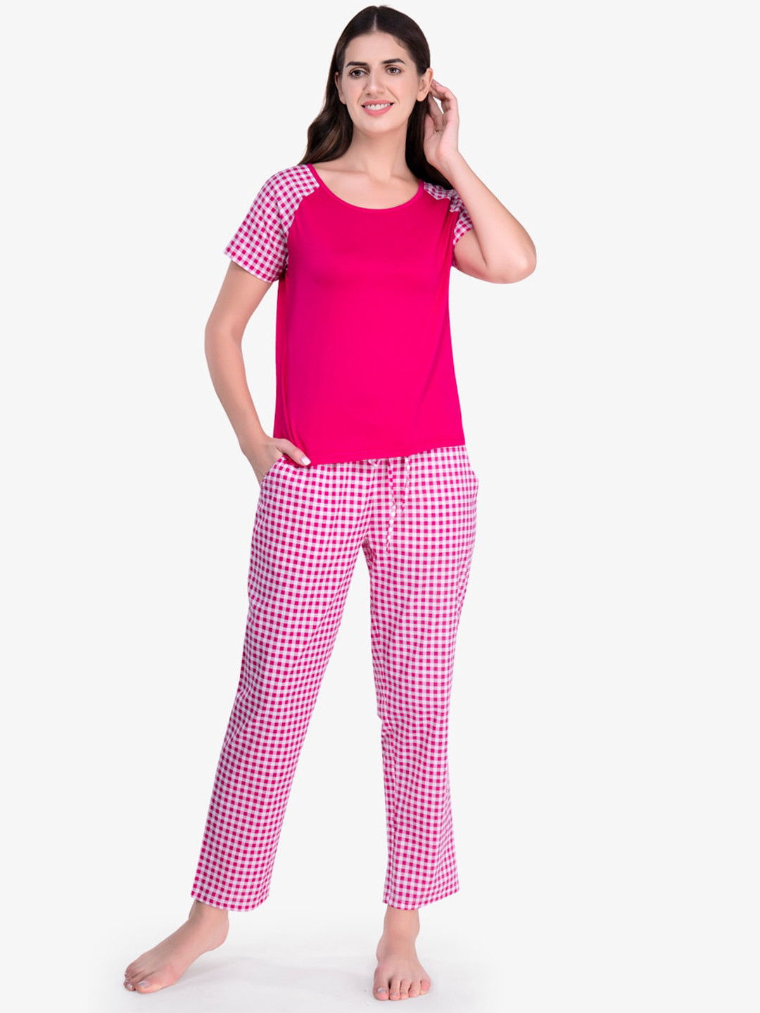 evolove Women Fuchsia & White Night suit