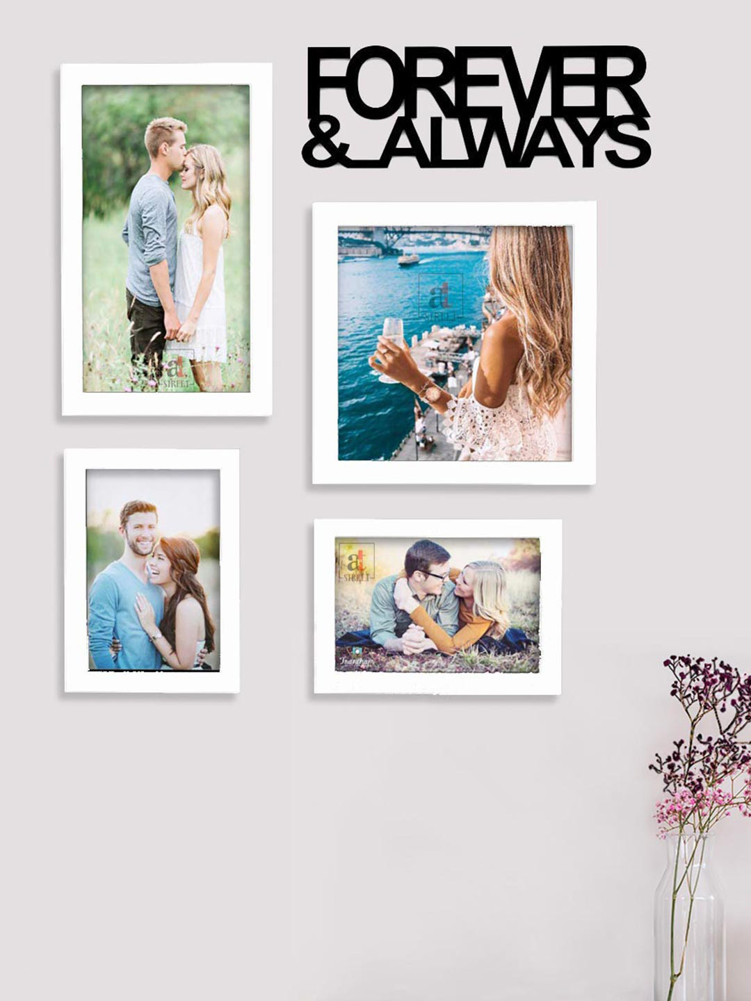 Art Street Set Of 4 White Solid Photo Frame With Forever & Always Cutout