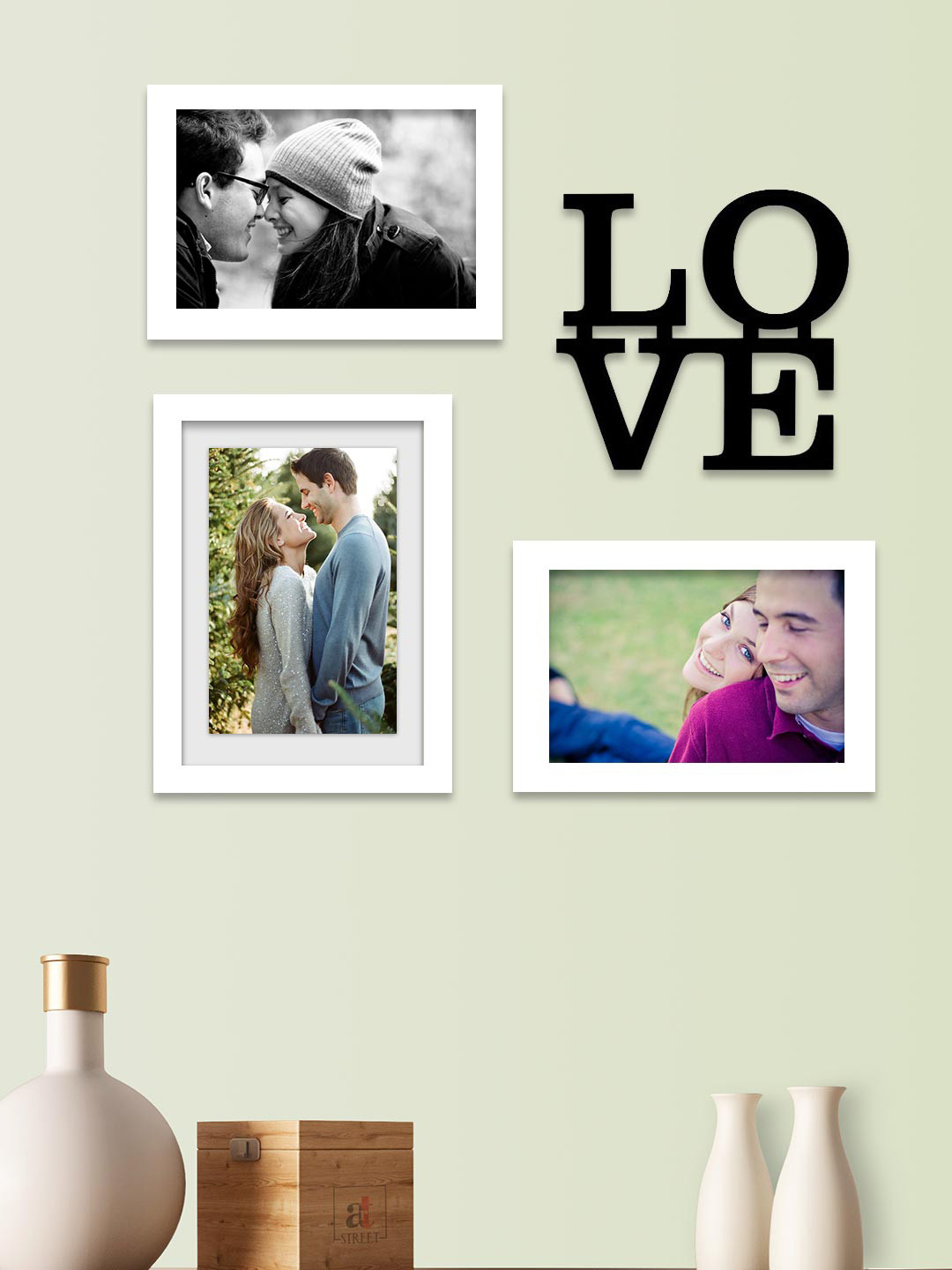Art Street Set Of 3 White Photo Frame & With Love Mdf Cutout