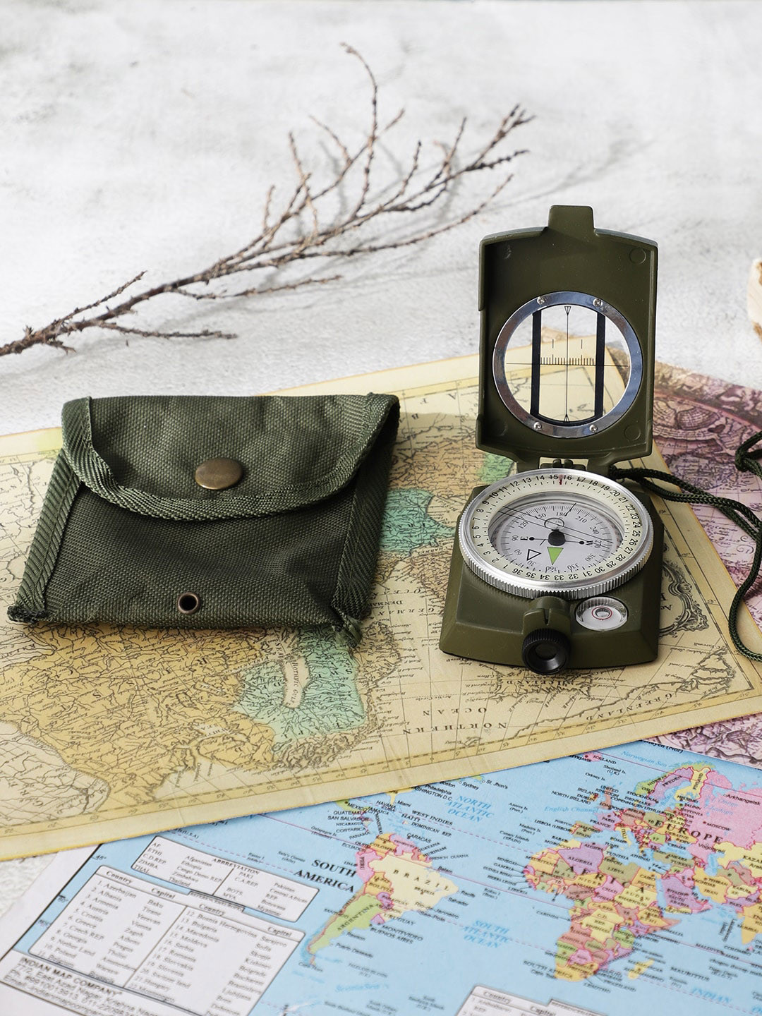 EXIM DECOR Trekking Compass Green Metal Metallic Home Office Set of 2 Tiny Showpieces - 3.5 Inches