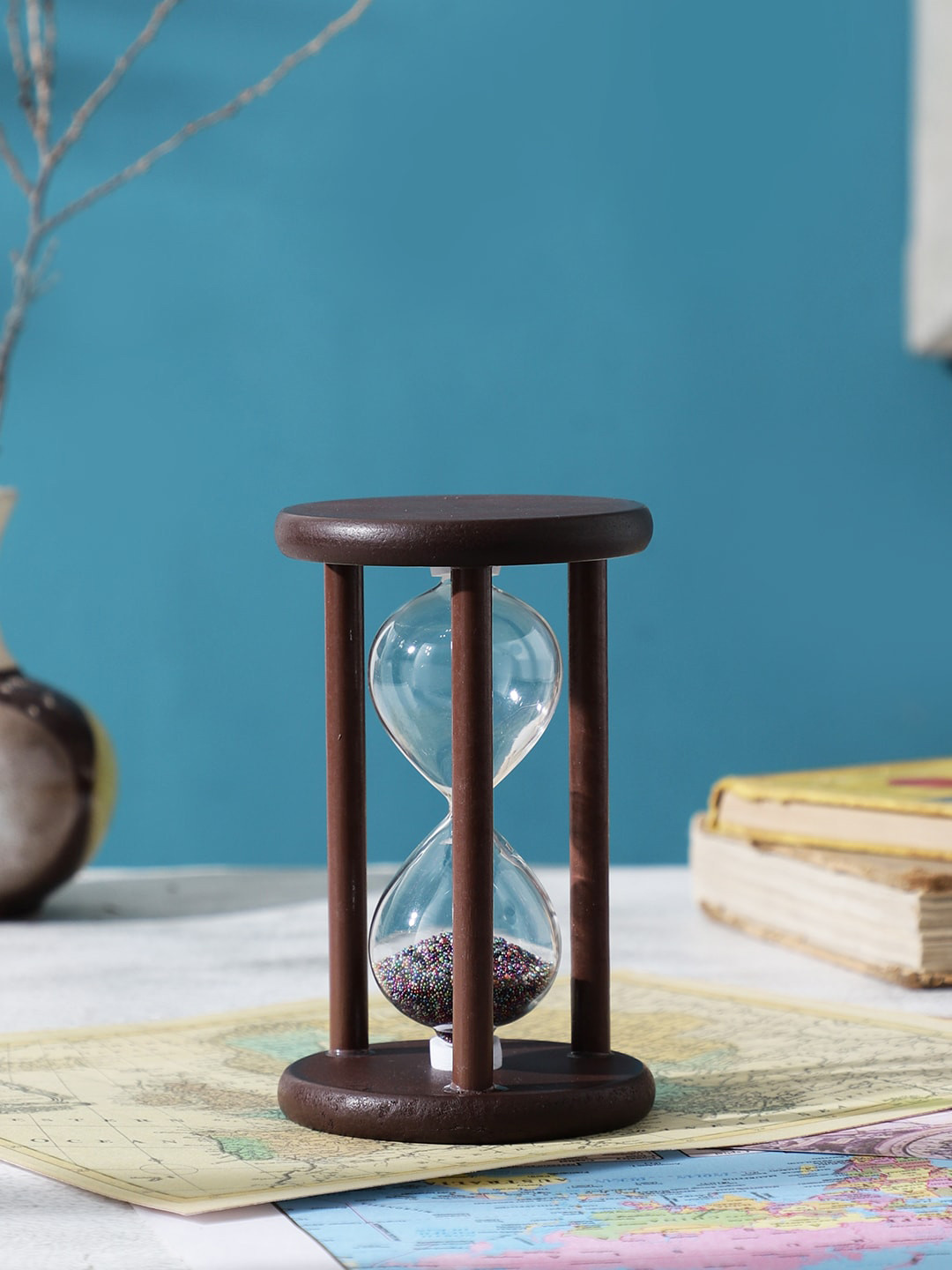 EXIM DECOR Hour Glass with Beads Brown Wood Natural Living Room Medium Showpiece - 4.5 Inches
