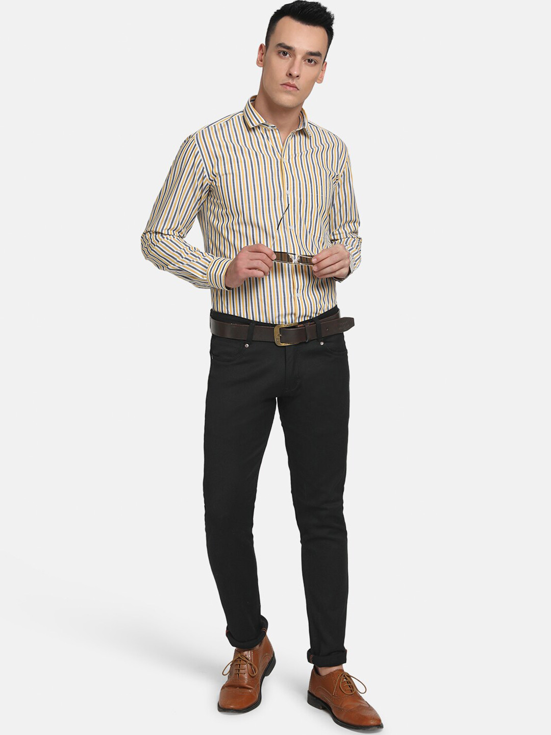 Emerals Men Navy Blue & Yellow Slim Fit Striped Semiformal Shirt