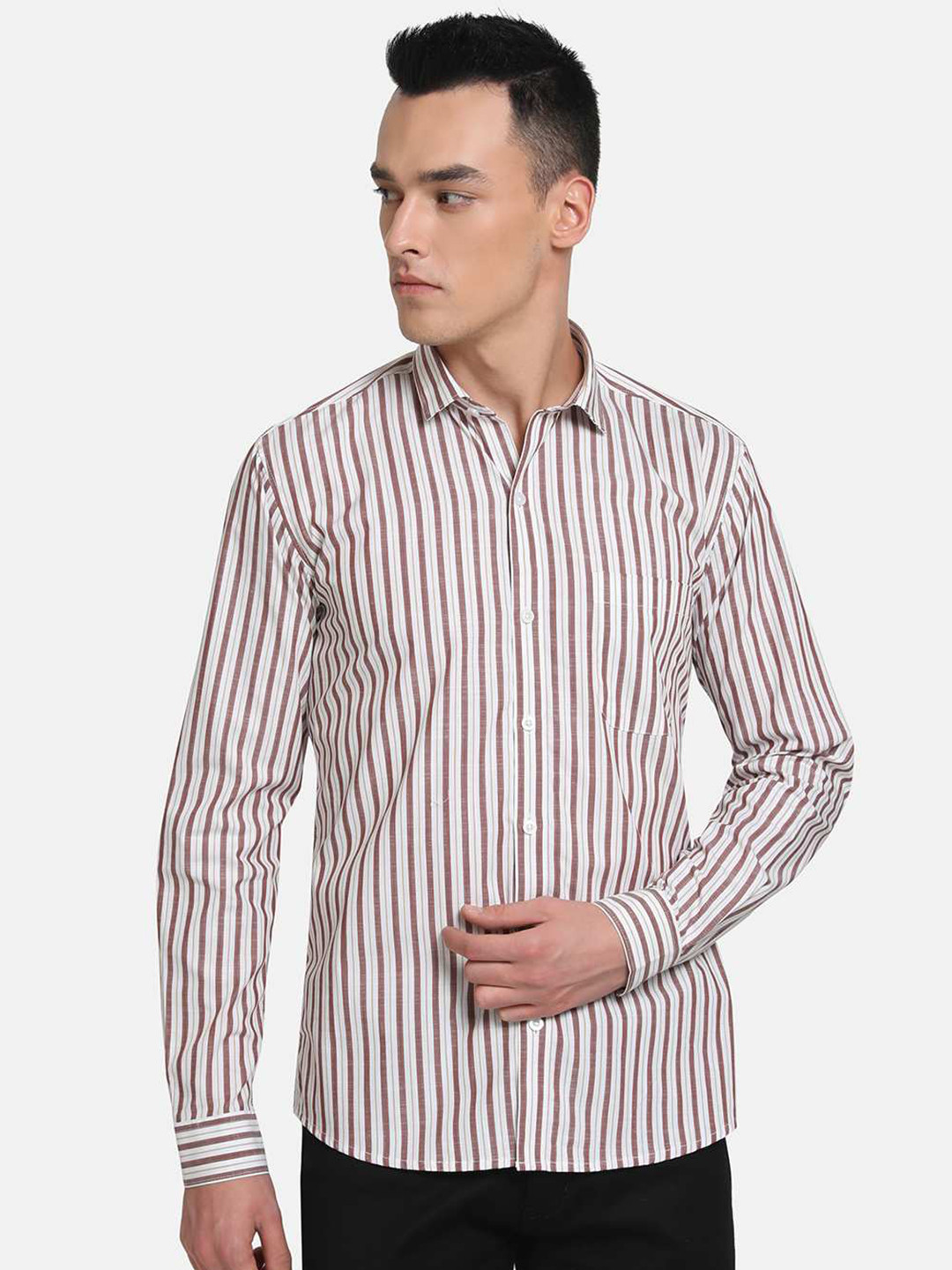 Emerals Men Brown Slim Fit Striped Semiformal Shirt