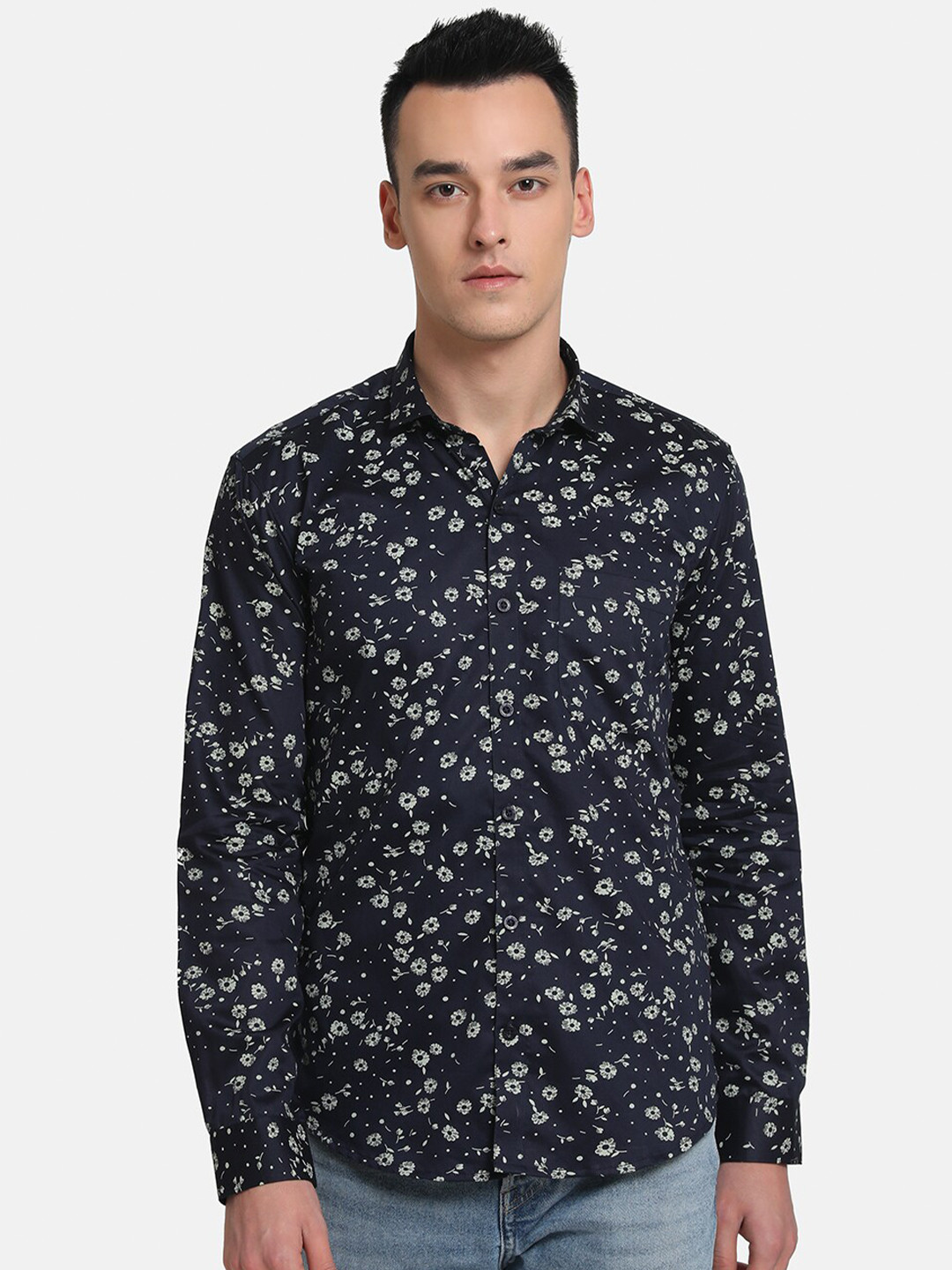 Emerals Men Navy Blue Slim Fit Floral Printed Casual Shirt