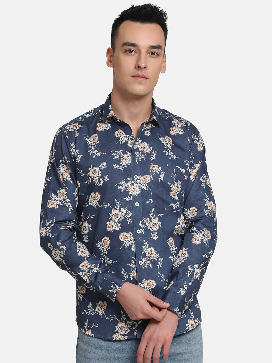 Emerals Men Navy Blue Slim Fit Floral Printed Casual Shirt