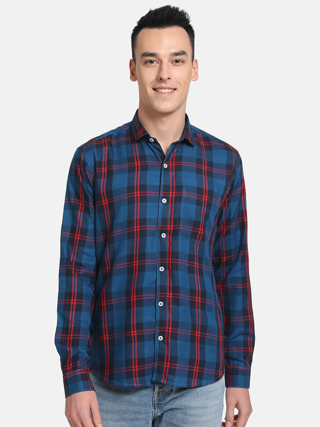 Emerals Men Navy Blue Slim Fit Tartan Checks Checked Casual Shirt