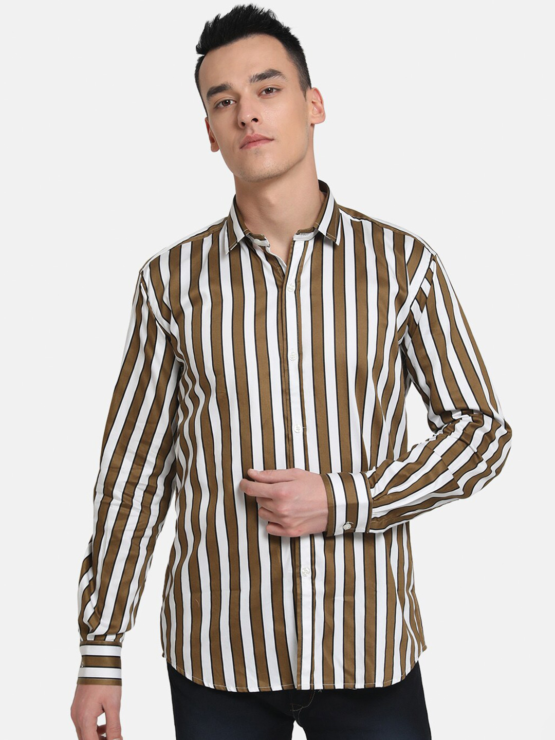 Emerals Men Olive Green Slim Fit Striped Semiformal Shirt