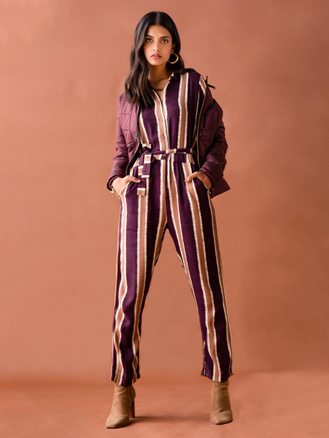Crimsoune Club Maroon & Beige Striped Basic Jumpsuit