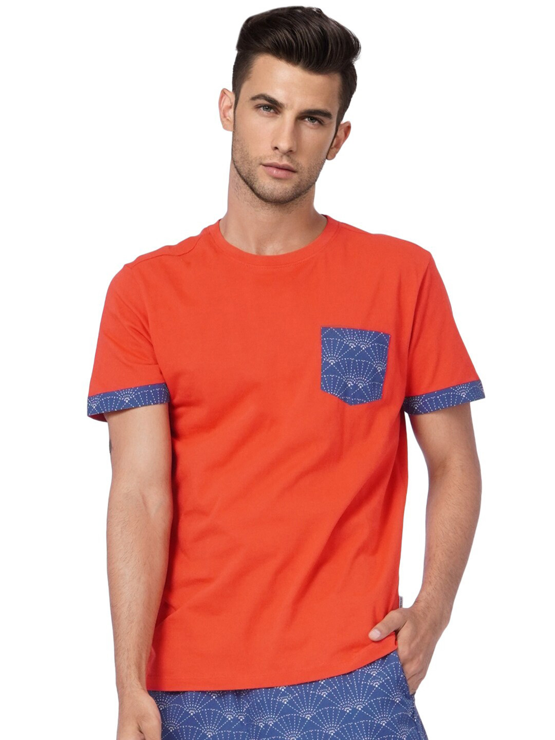 Jack & Jones Men Orange Henley Neck Applique T-shirt