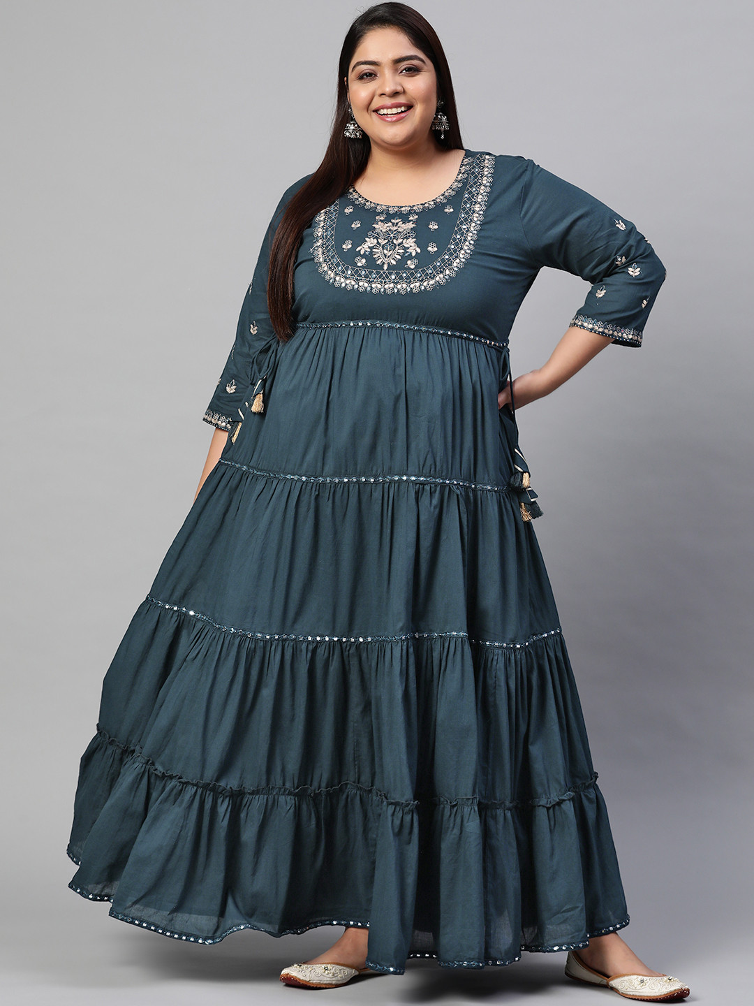 Divena Women Teal Printed Mirror Work Indigo Anarkali Kurta