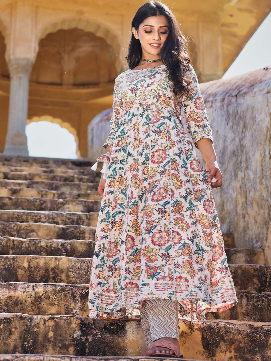 Divena Women Cream-Coloured Pure Cotton Anarkali Kurta with Trousers