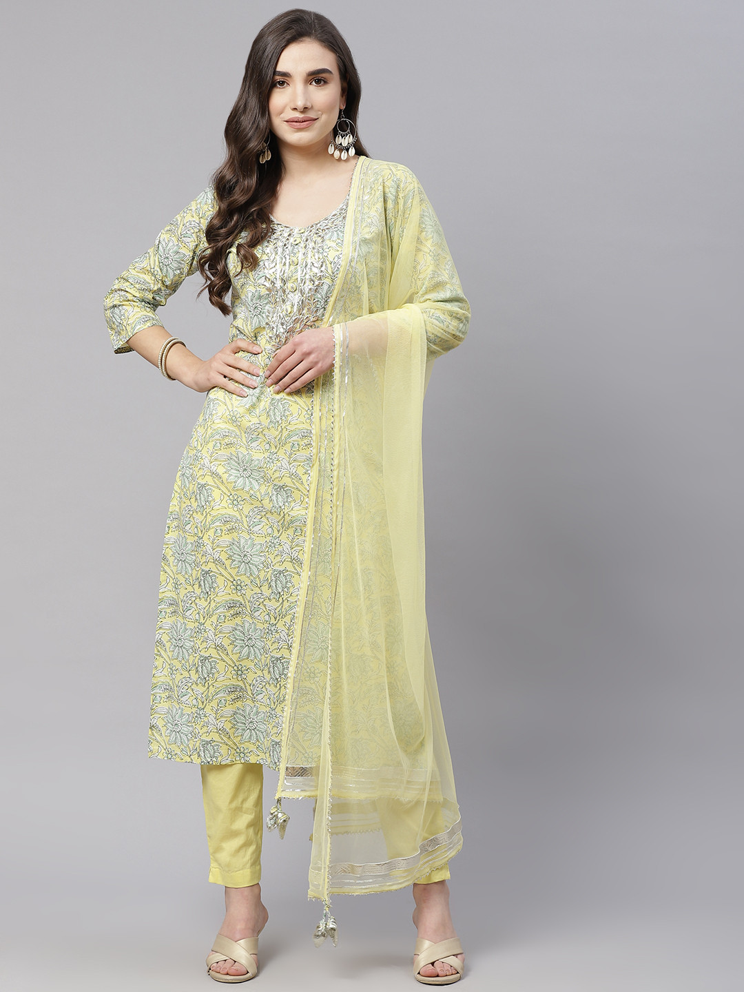 Divena Women Yellow Pure Cotton Floral Printed Gotta Patti Kurta with Trousers & Dupatta