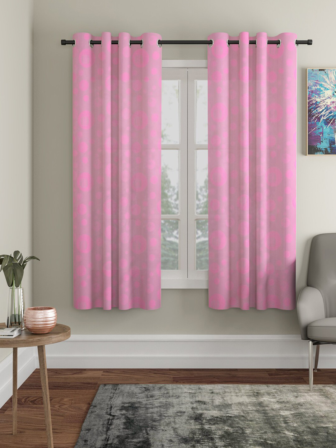 HOSTA HOMES Pink Set of 2 Geometric Window Curtain PINK.GOLA.5FT.2PCS