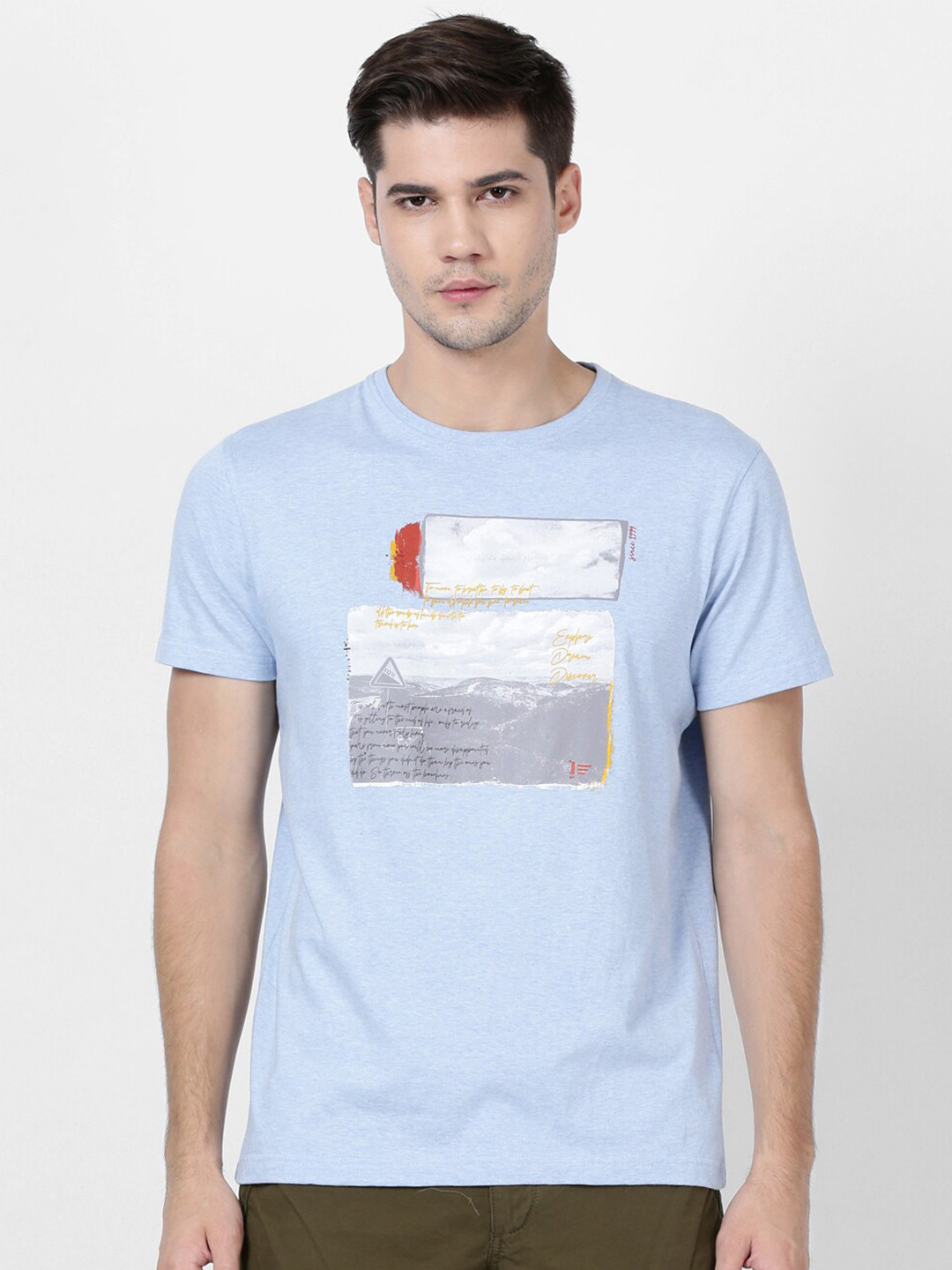 t-base Men Blue Printed Raw Edge T-shirt
