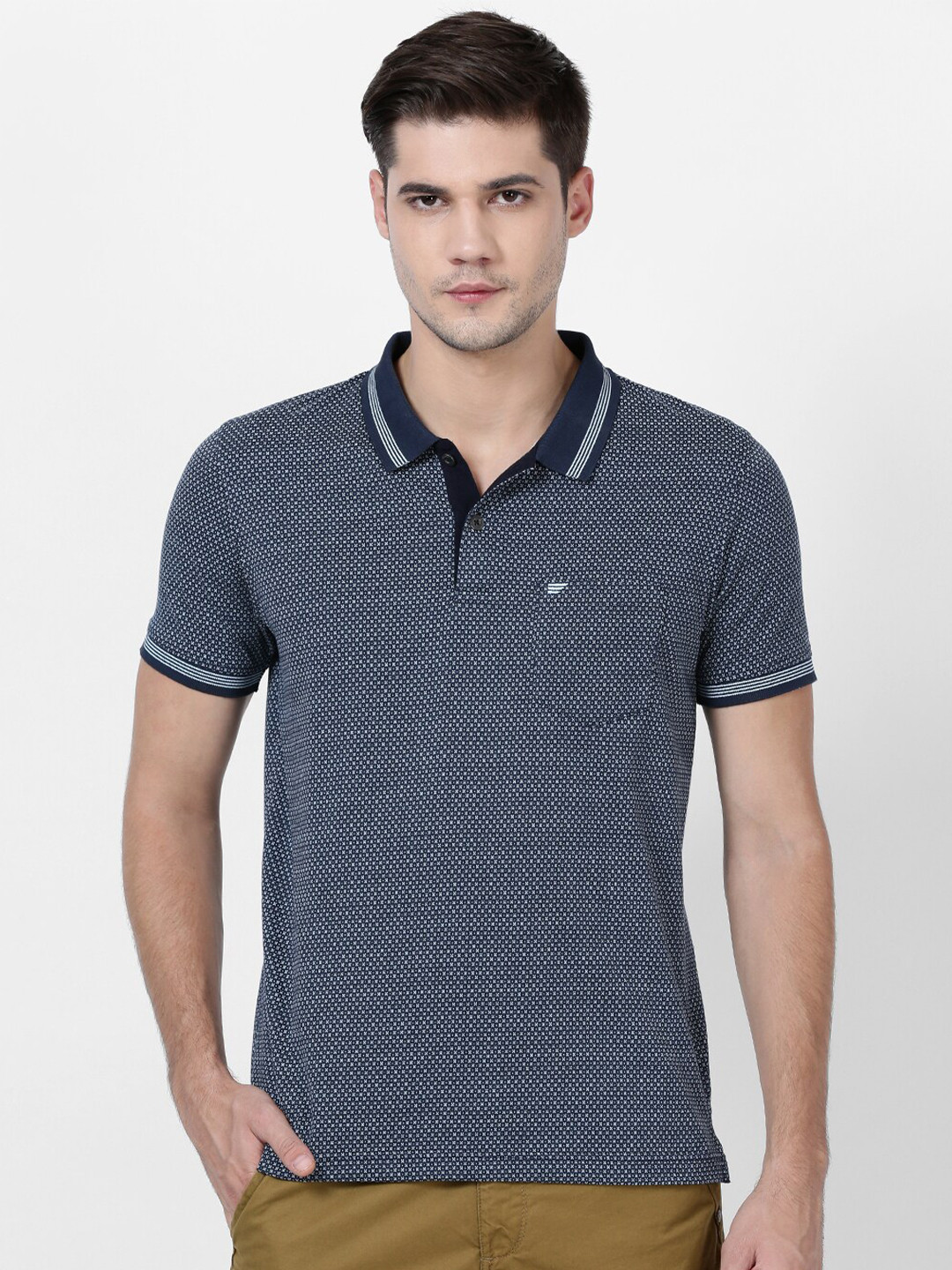 t-base Men Blue Self Design Polo Collar T-shirt