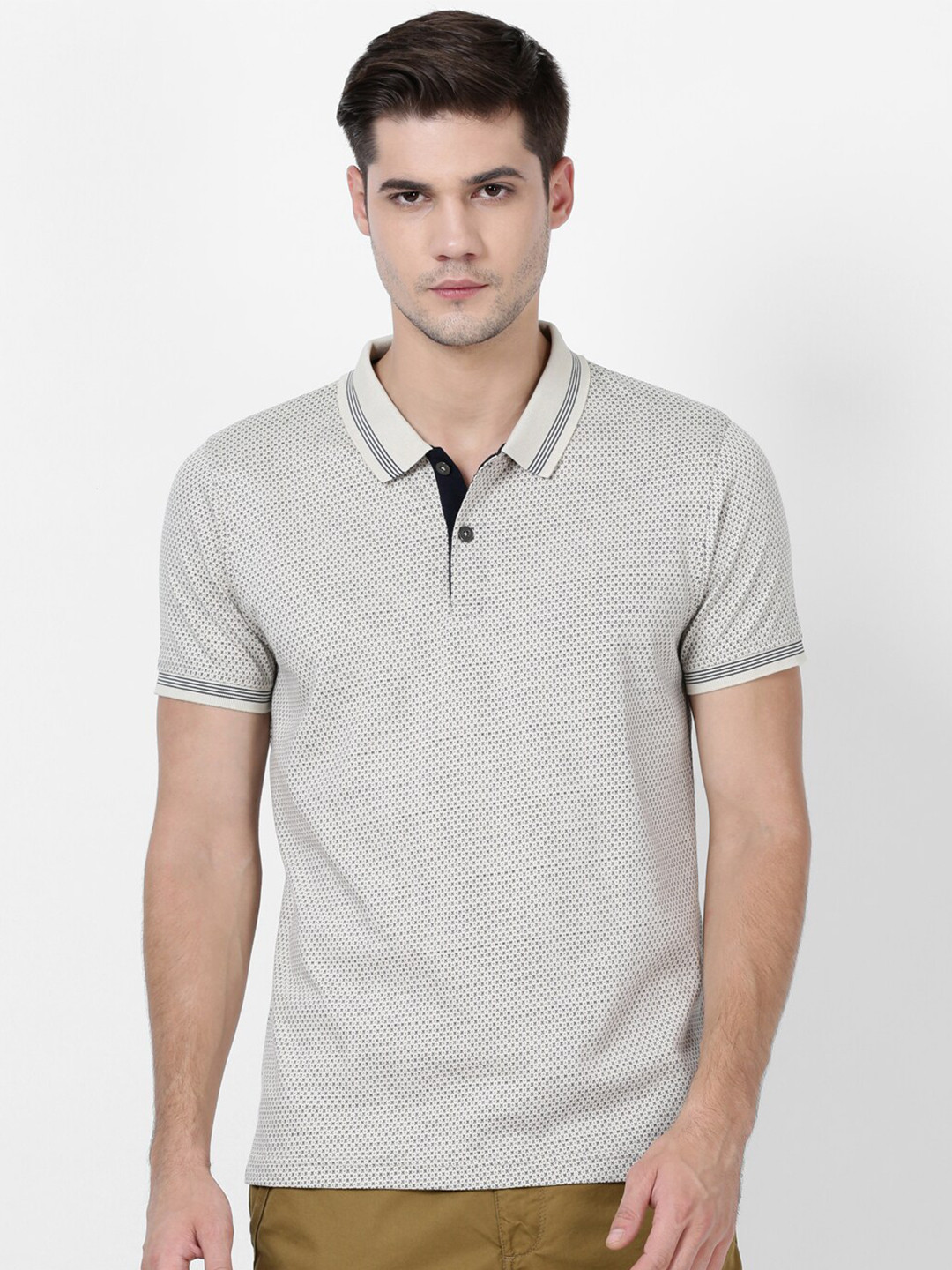 t-base Men Grey & Blue Printed Polo Collar T-shirt