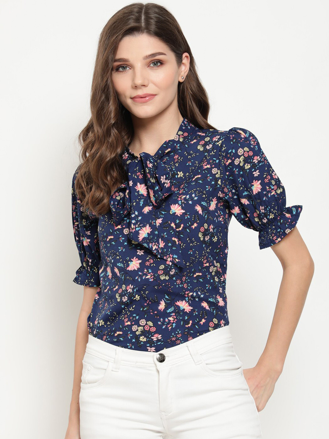 AKIMIA Blue Floral Print Tie-Up Neck Crepe Top