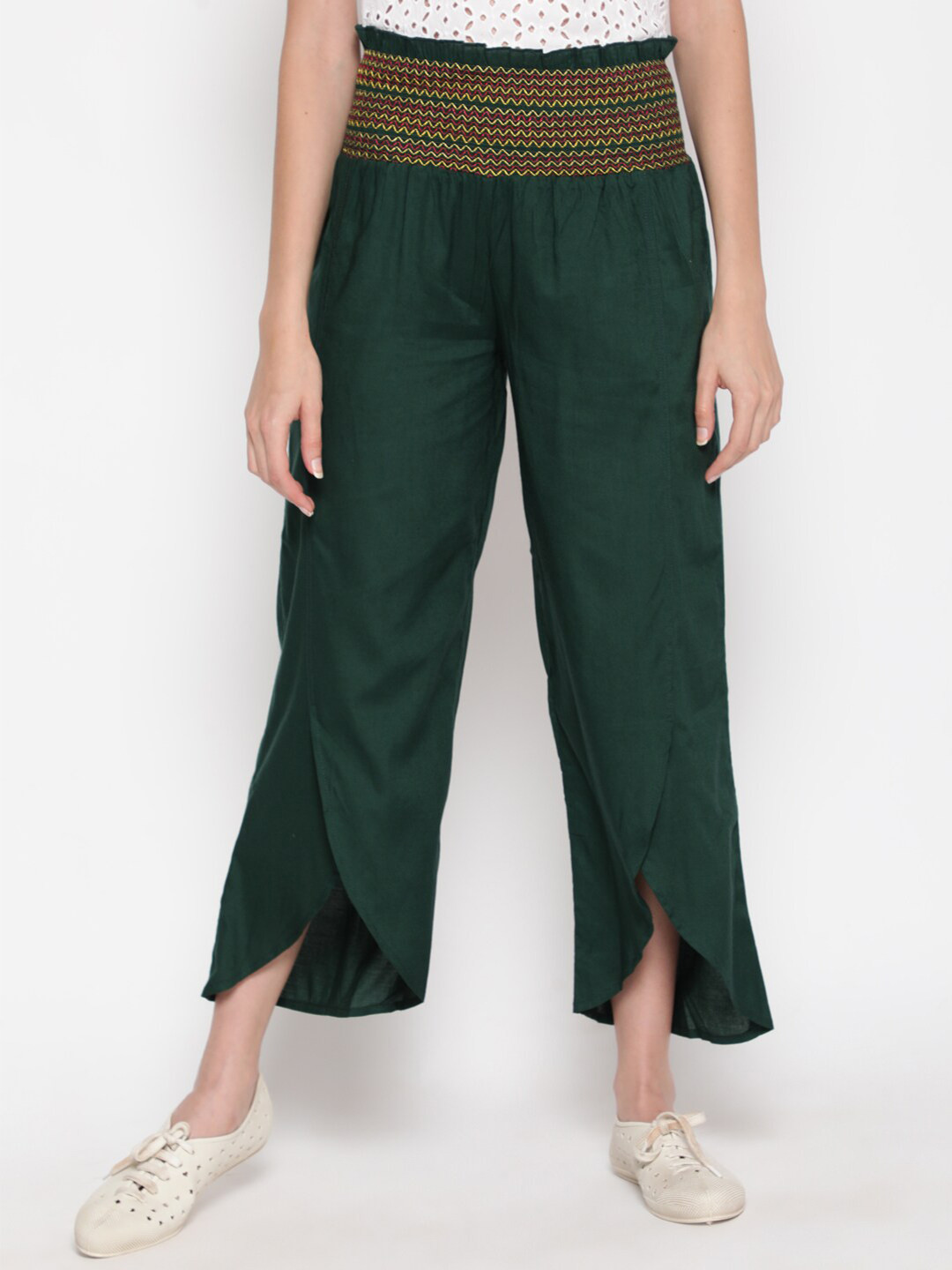 AKIMIA Women Green Smoked Tulip Palazzos