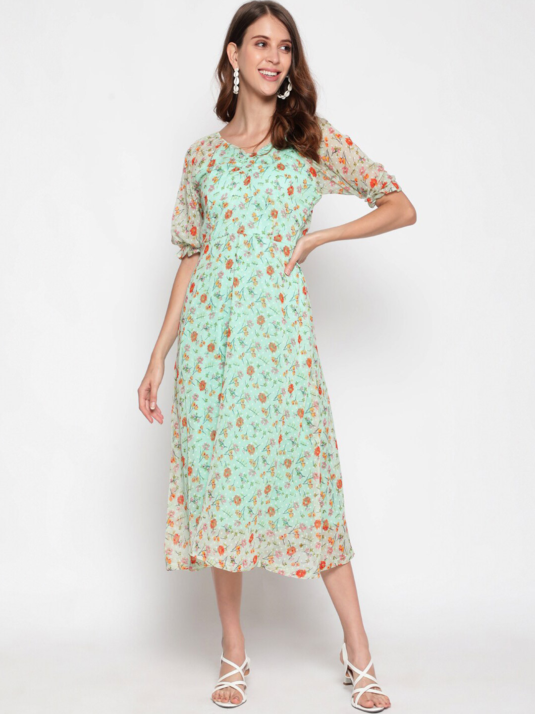 AKIMIA Green Floral Georgette Midi Dress