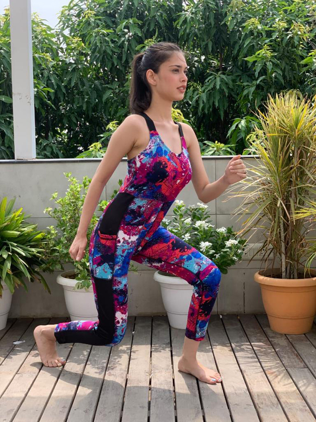 CHKOKKO Women Blue Printed One-Piece Yoga Workout Jumpsuit
