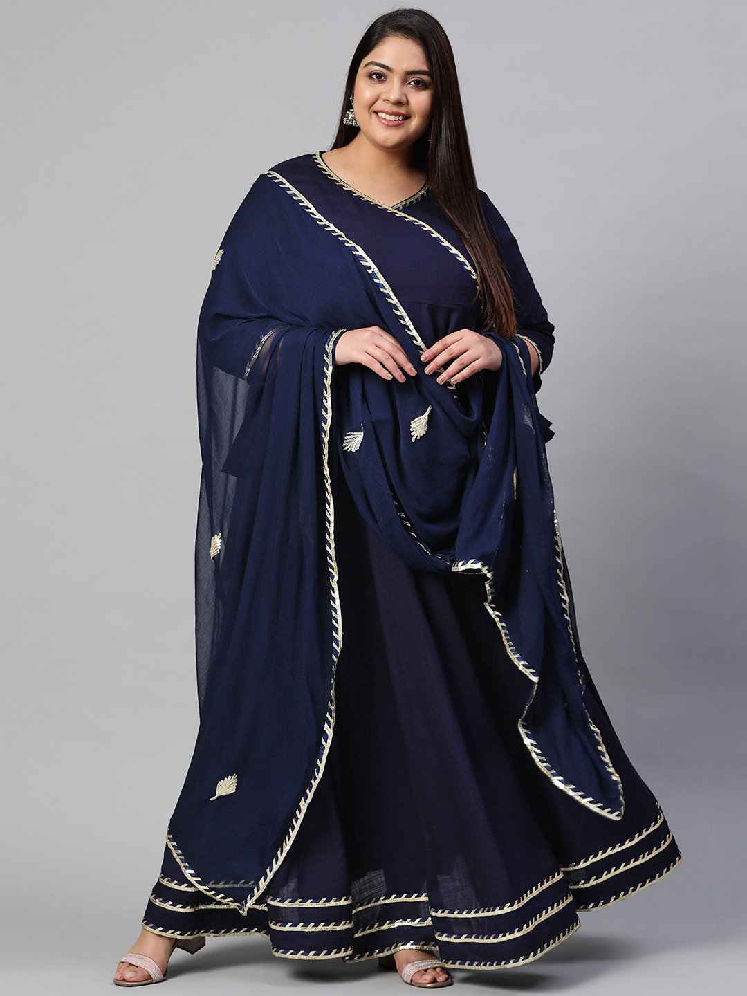 Divena Women Navy Blue Solid Gotta Patti Ready to Wear Lehenga & Blouse With Dupatta