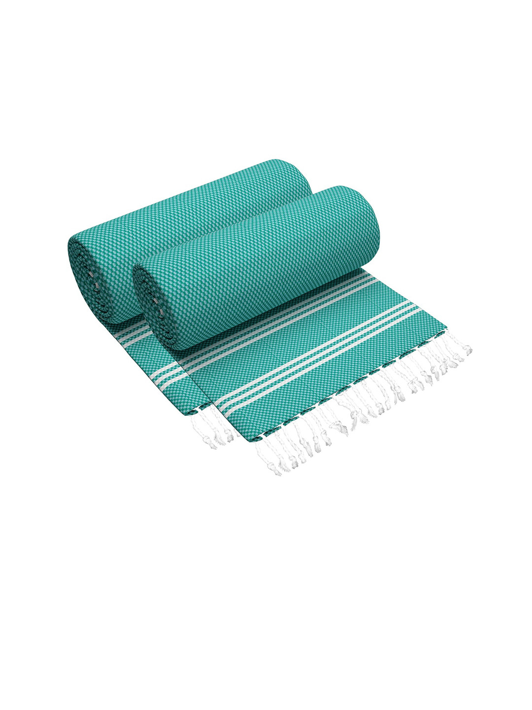 Story@home Pack Of 2 Teal & White Checkered 200 GSM Pure Cotton Bath Towel