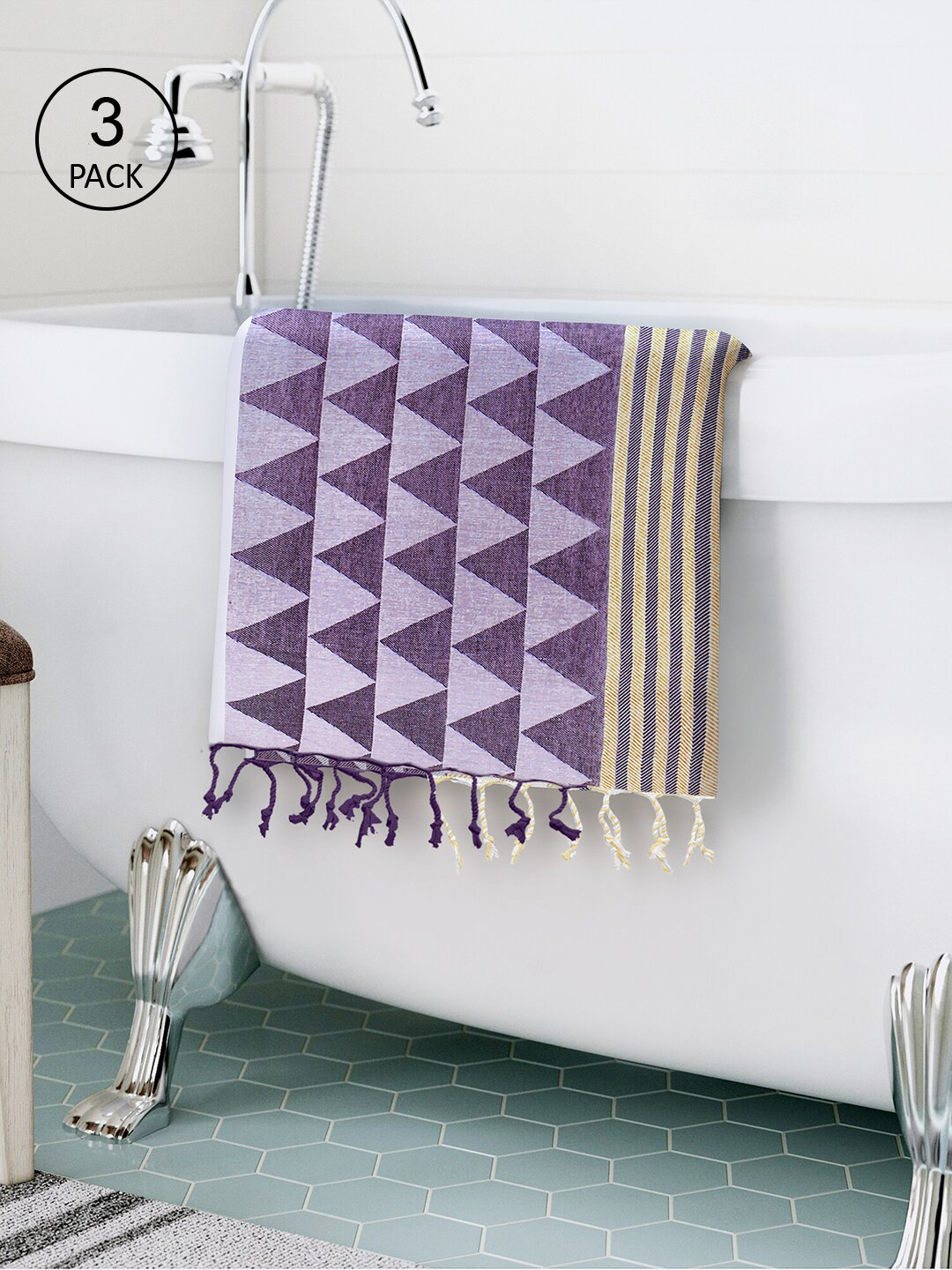 Story@home Set Of 3 Purple & Beige Printed Pure Cotton 200 GSM Bath Towel