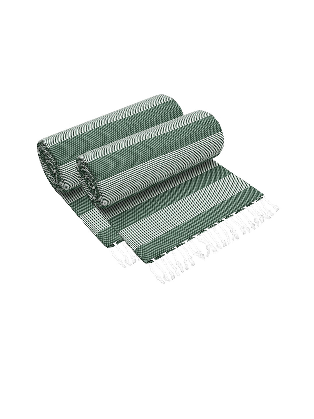 Story@home Set Of 2 Green & White Striped 200 GSM Cotton Bath Towels