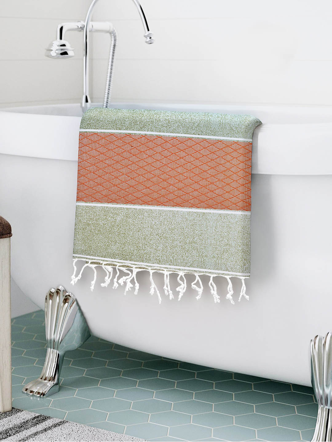 Story@home Set Of 3 Grey & Rust-Orange Printed 200 GSM Pure Cotton Bath Towels