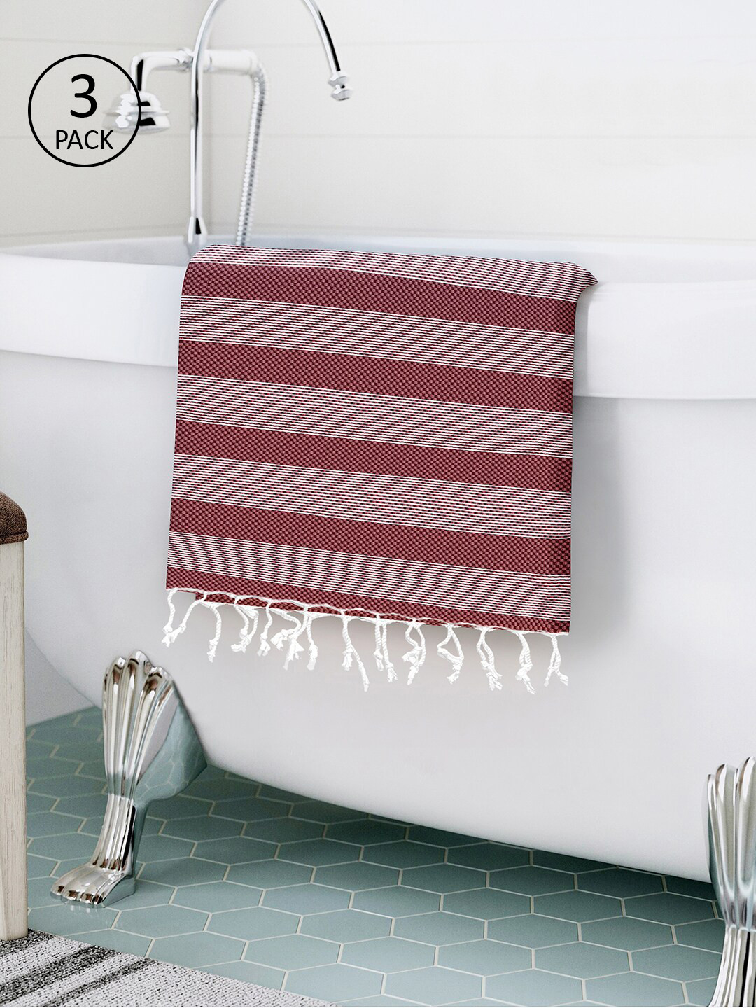 Story@home Set Of 3 Magenta Striped Pure Cotton 200 GSM Bath Towel