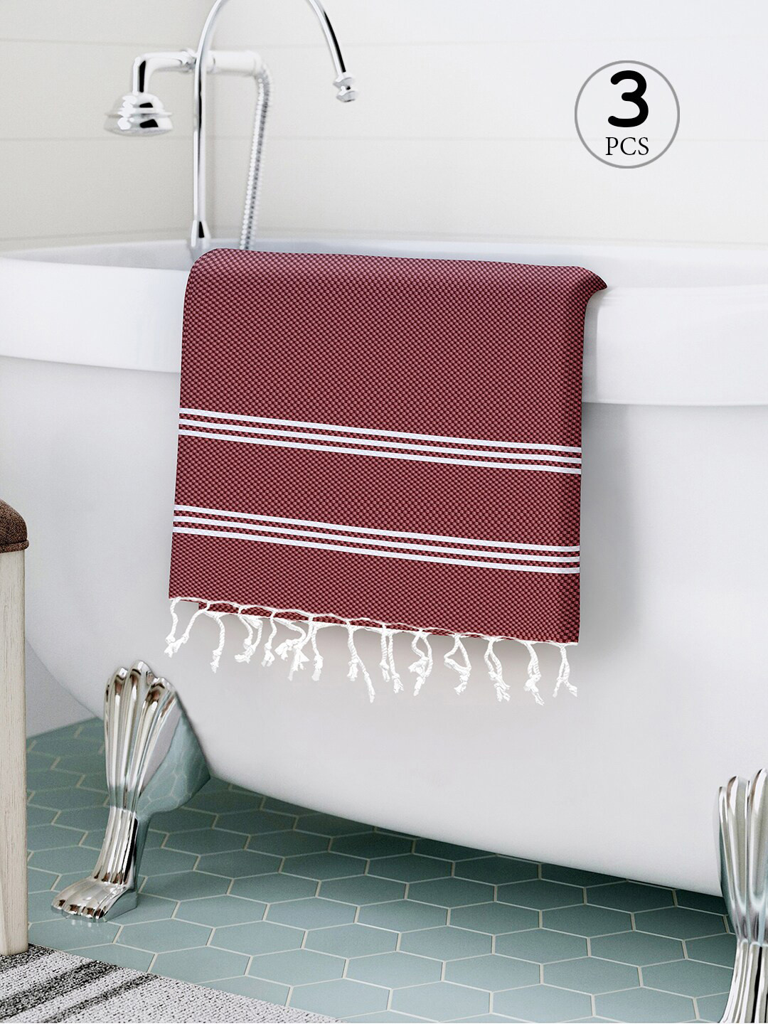 Story@home Pink Pack of 3 Striped 200 GSM Cotton Bath Towel