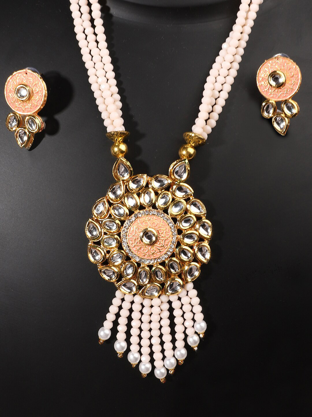ANIKAS CREATION Peach-Coloured & Gold-Toned Meenakari Long Crystal Necklace & Earring