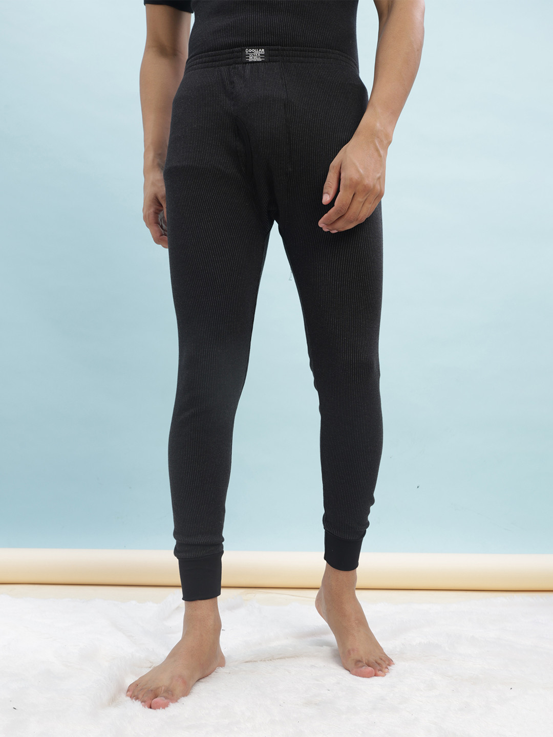 Dollar Ultra Men Black Striped Cotton Thermal Bottoms