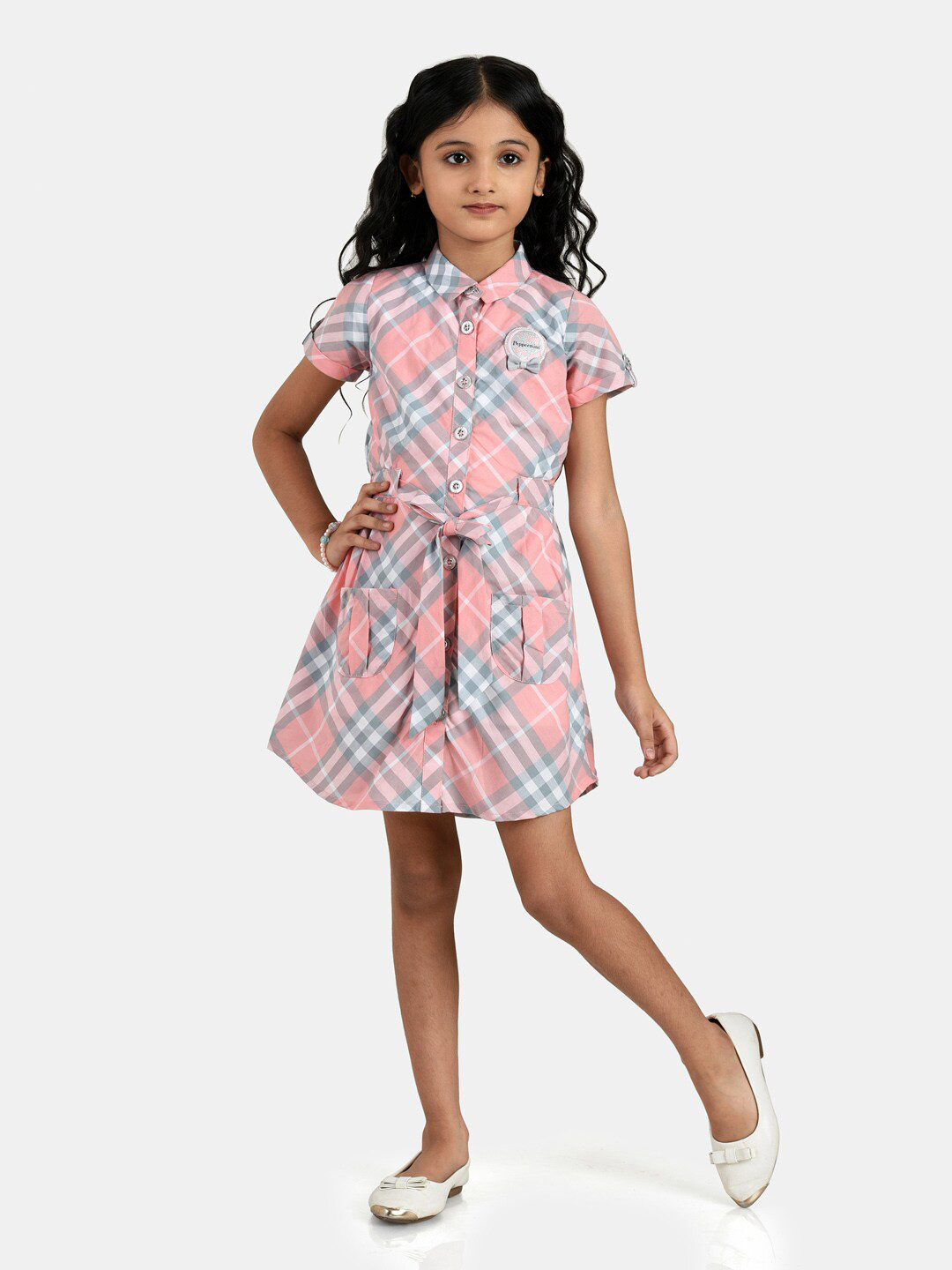 Peppermint Peach-Coloured Checked Crepe Shirt Dress
