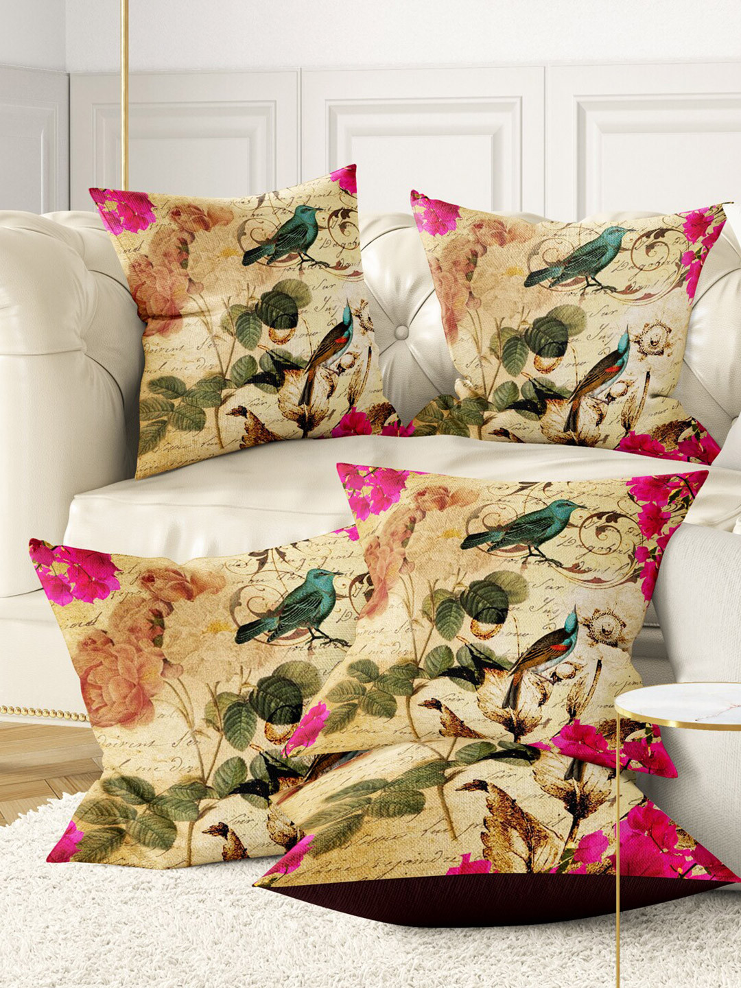 BIANCA Beige & Magenta Set of 5 Abstract Square Cushion Covers