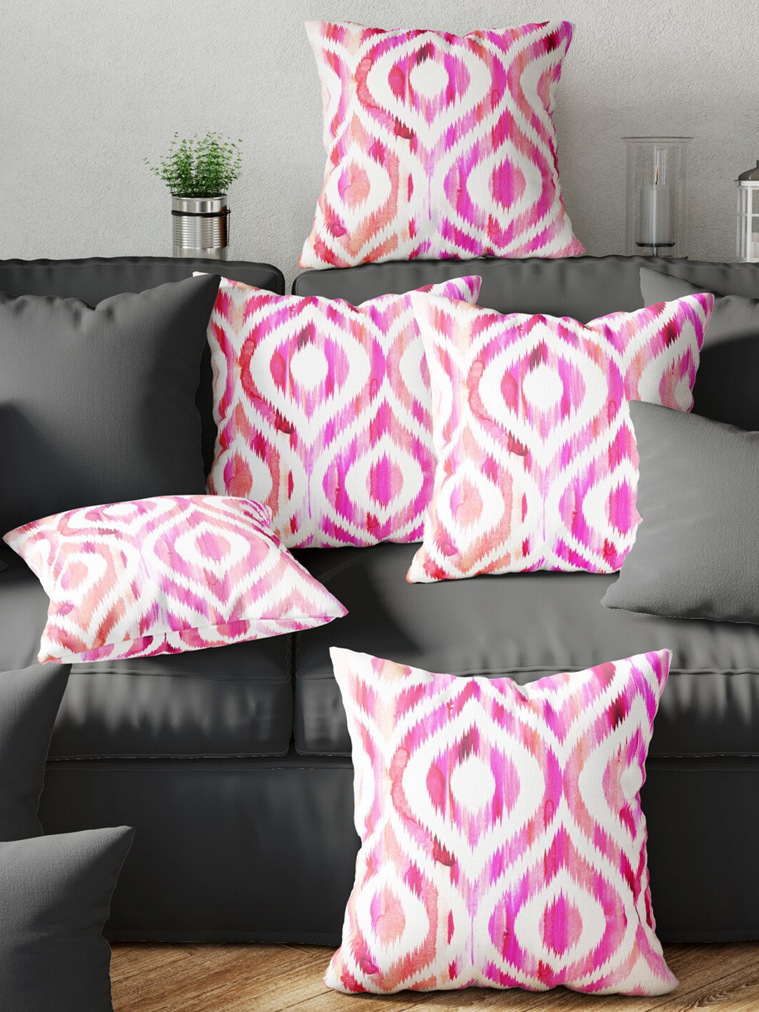 BIANCA Pink & Off-White Set of 5 Geometric Digital Printed Square Cushion Covers
